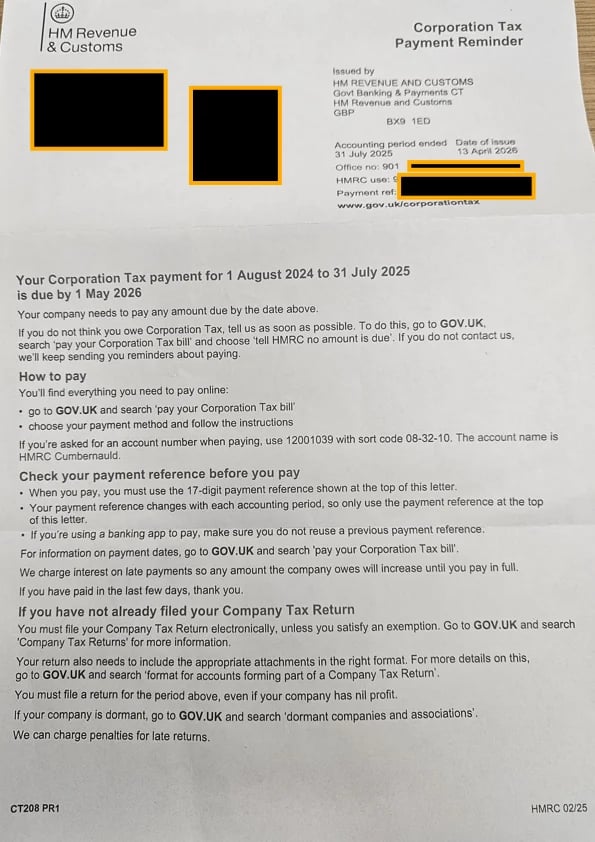 HM Revenue and Customs Corporation Tax Payment Reminder letter for tax period 1 August 2024 to 31 July 2025 showing HMRC payment deadline and guidance