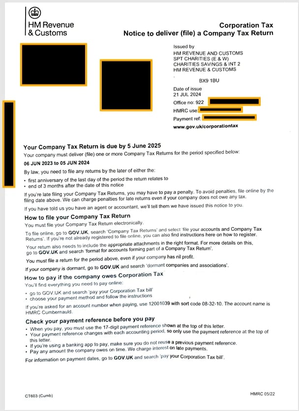 HMRC Corporation Tax Notice to Deliver a Company Tax Return CT603 form for charities with filing deadline of 5 June 2025 - official HMRC letter example showing how the CT603 notice looks